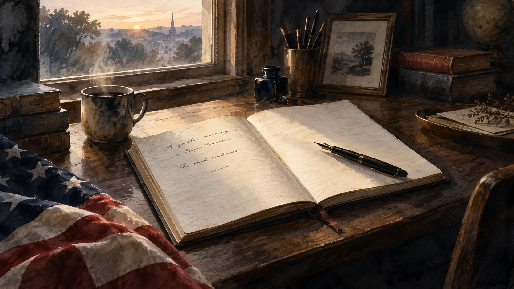 An open journal and fountain pen on a walnut desk, with an American flag and morning light through a study window.