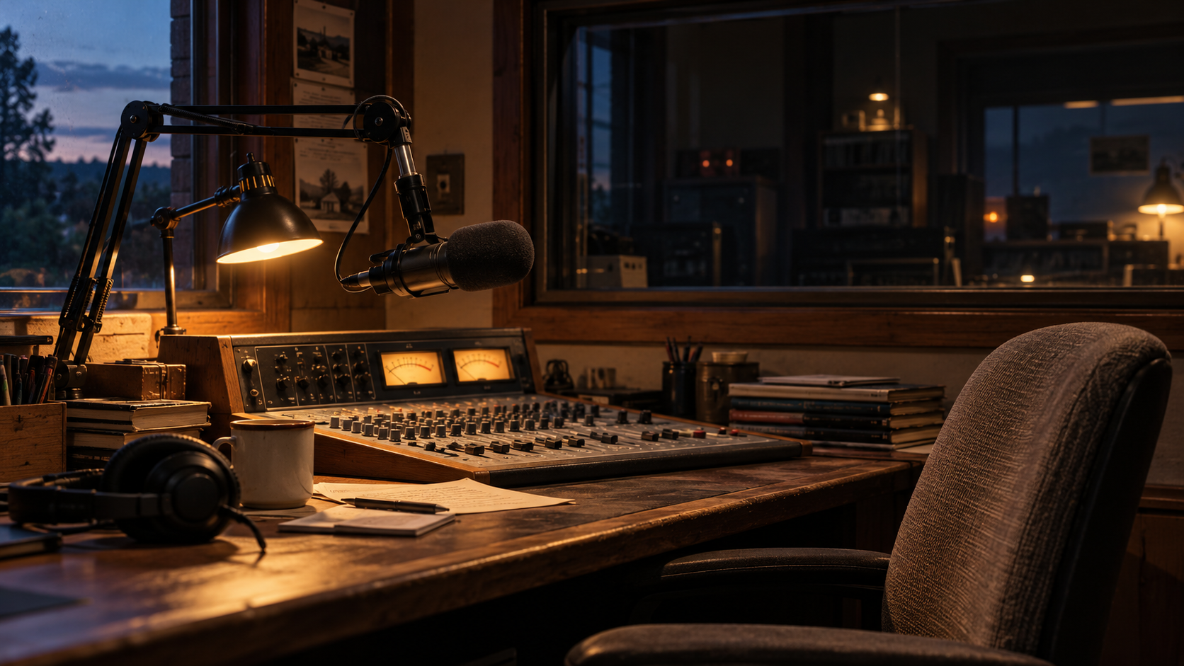 An empty recording studio with an analog console, illuminated meters, a microphone, and warm lamplight.