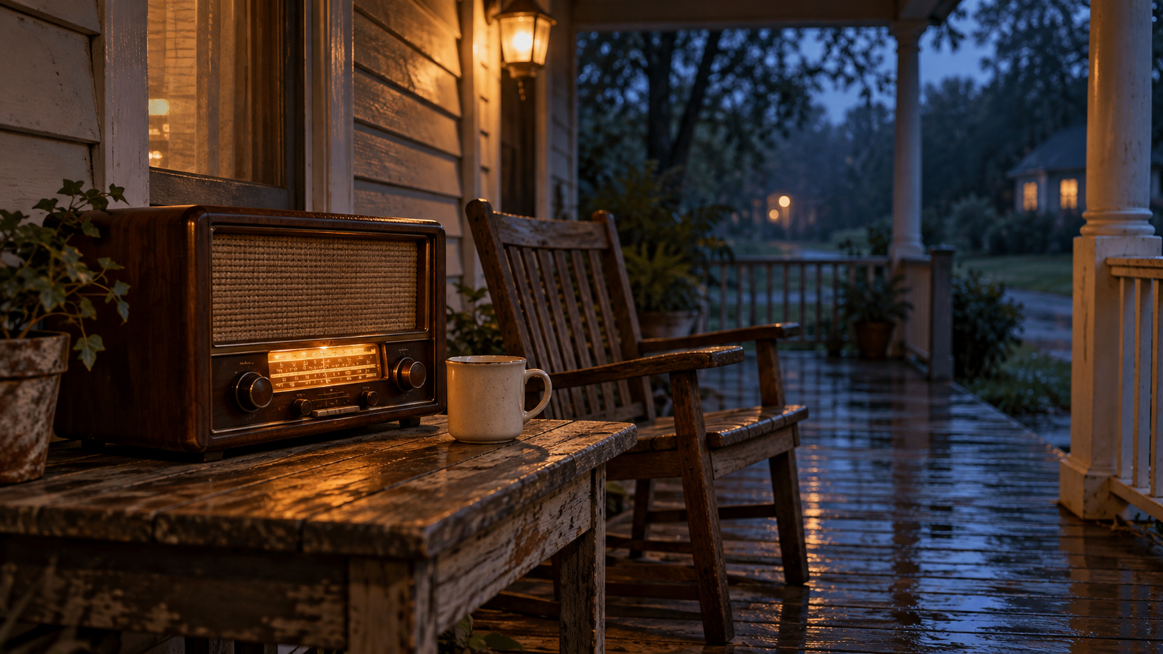 An old walnut tabletop radio with an amber dial and a cream coffee mug sit beside an empty wooden chair on a rain-dark porch at blue hour.