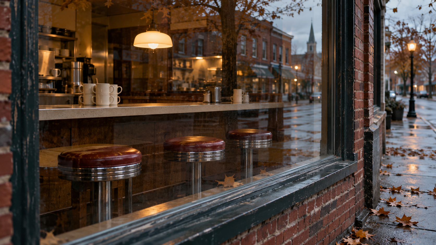 Three empty chrome stools with brown-red seats face a softly lit diner counter, seen through a window reflecting an autumn street and wet sidewalk.