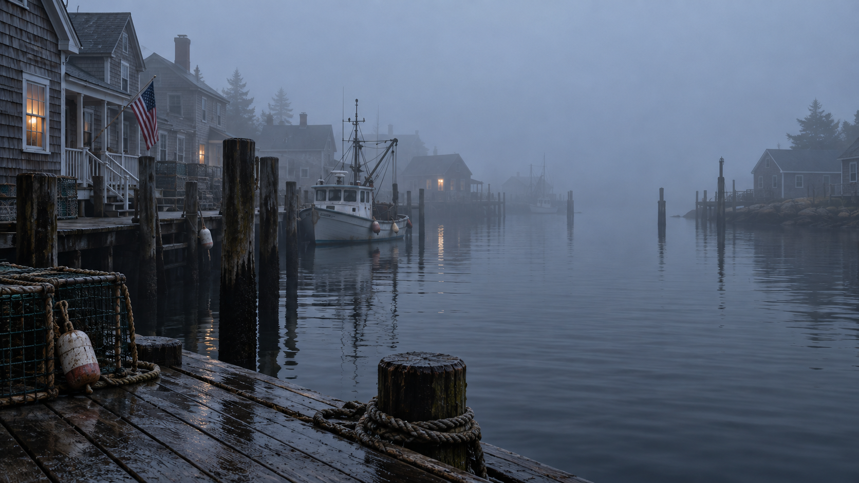 A fishing boat rests beside weathered waterfront houses in a blue-gray harbor, with warm windows glowing through dawn fog and wet pier boards in the foreground.