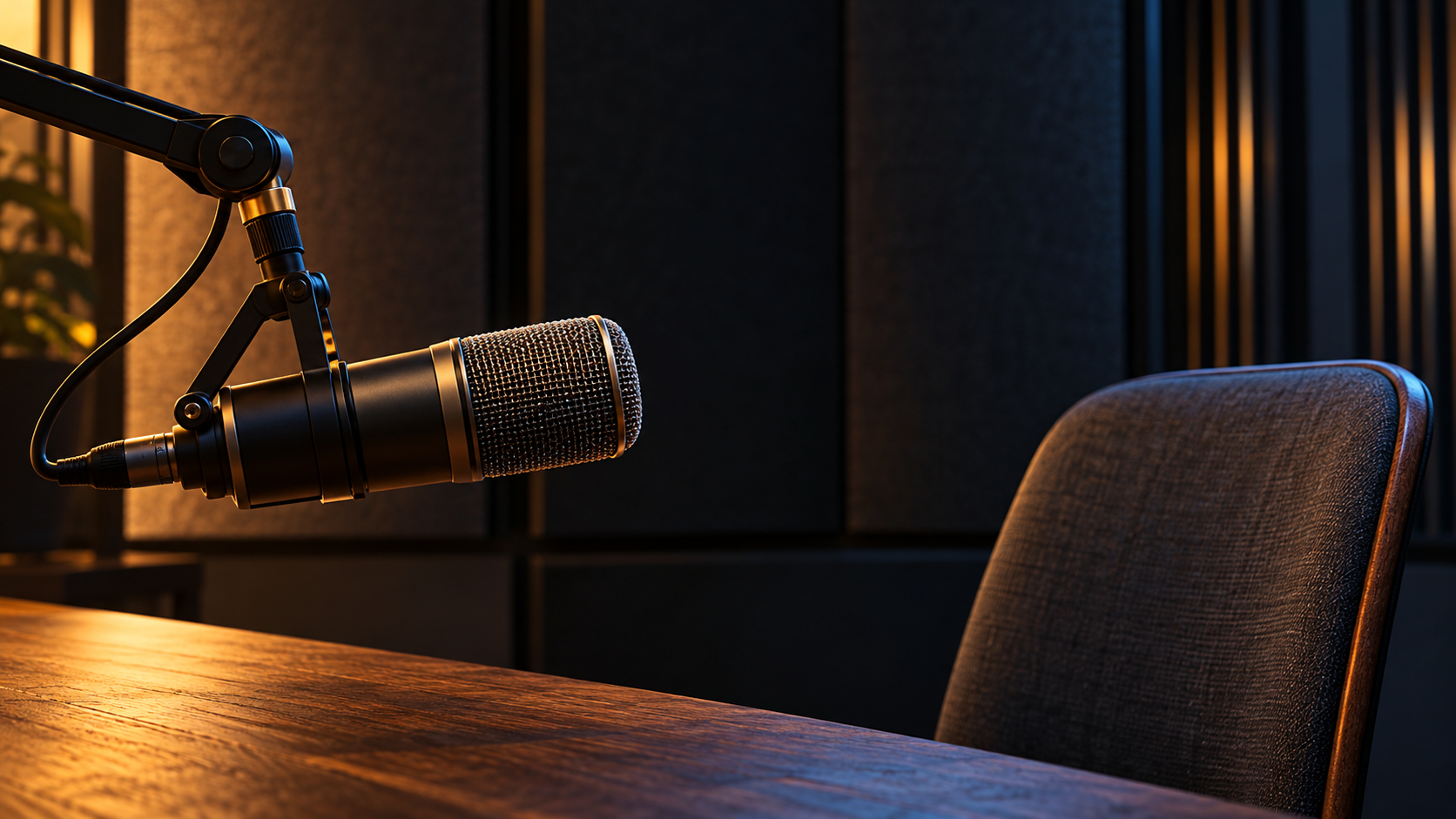 A broadcast microphone seen from the side, with space between it and an empty chair in soft studio light.