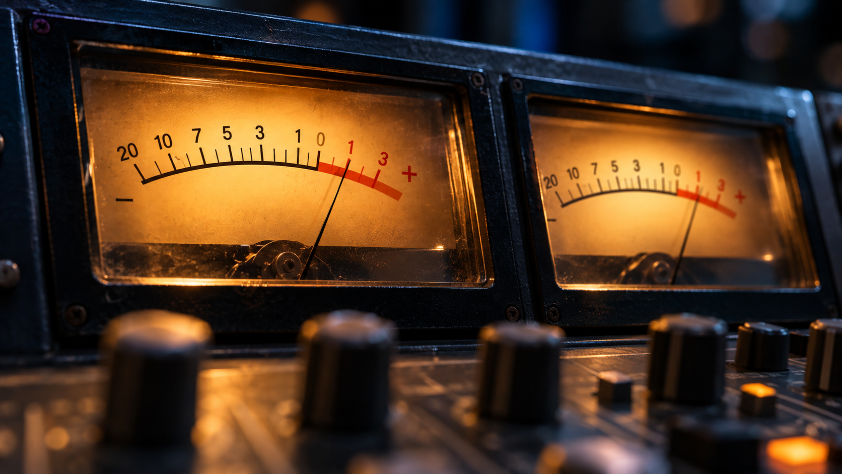 A close view of two amber-lit analog VU meters and console controls in a dark imagined studio.