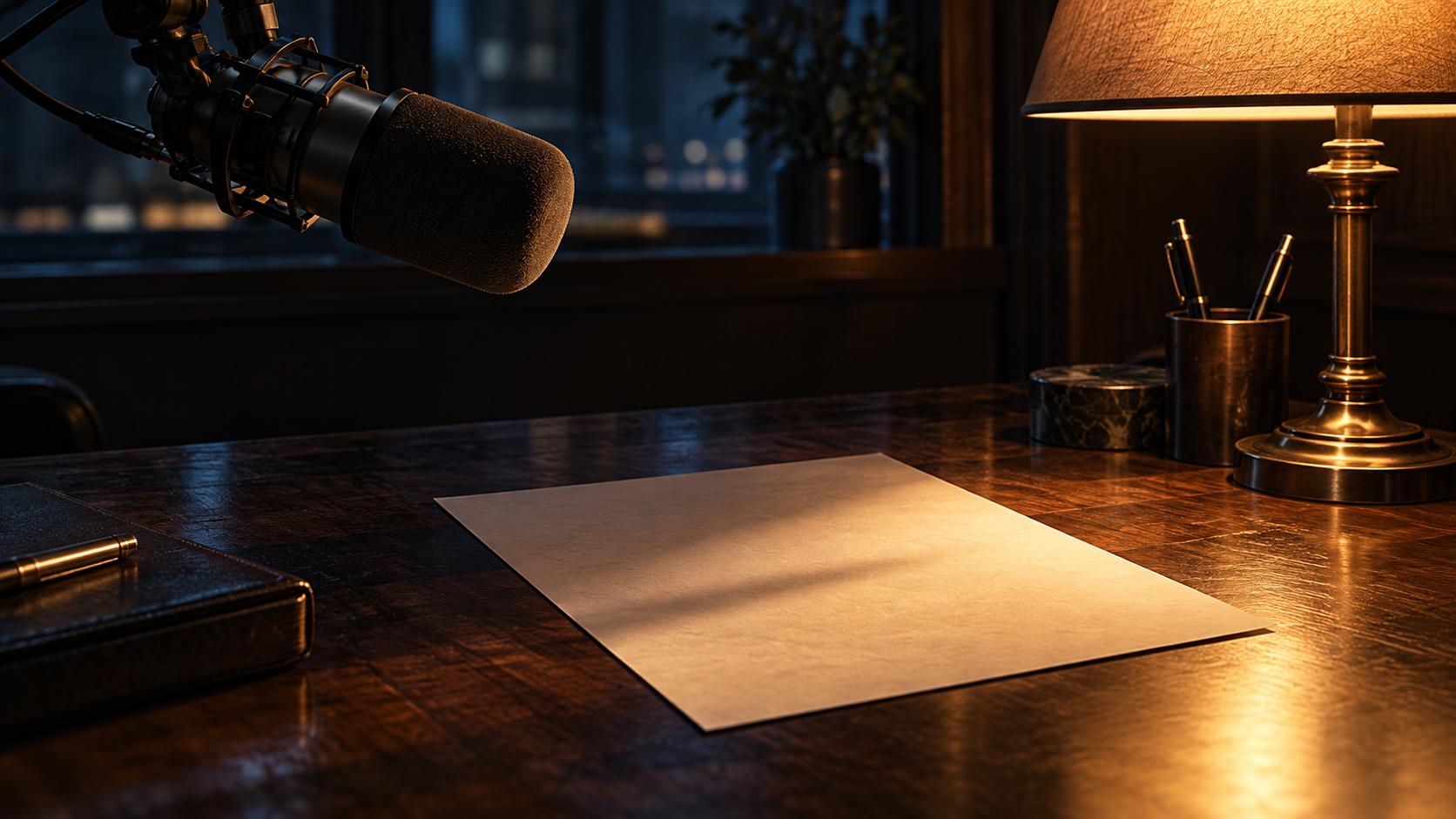 A blank page beside a softly lit microphone, with warm lamplight and space across a dark desk.