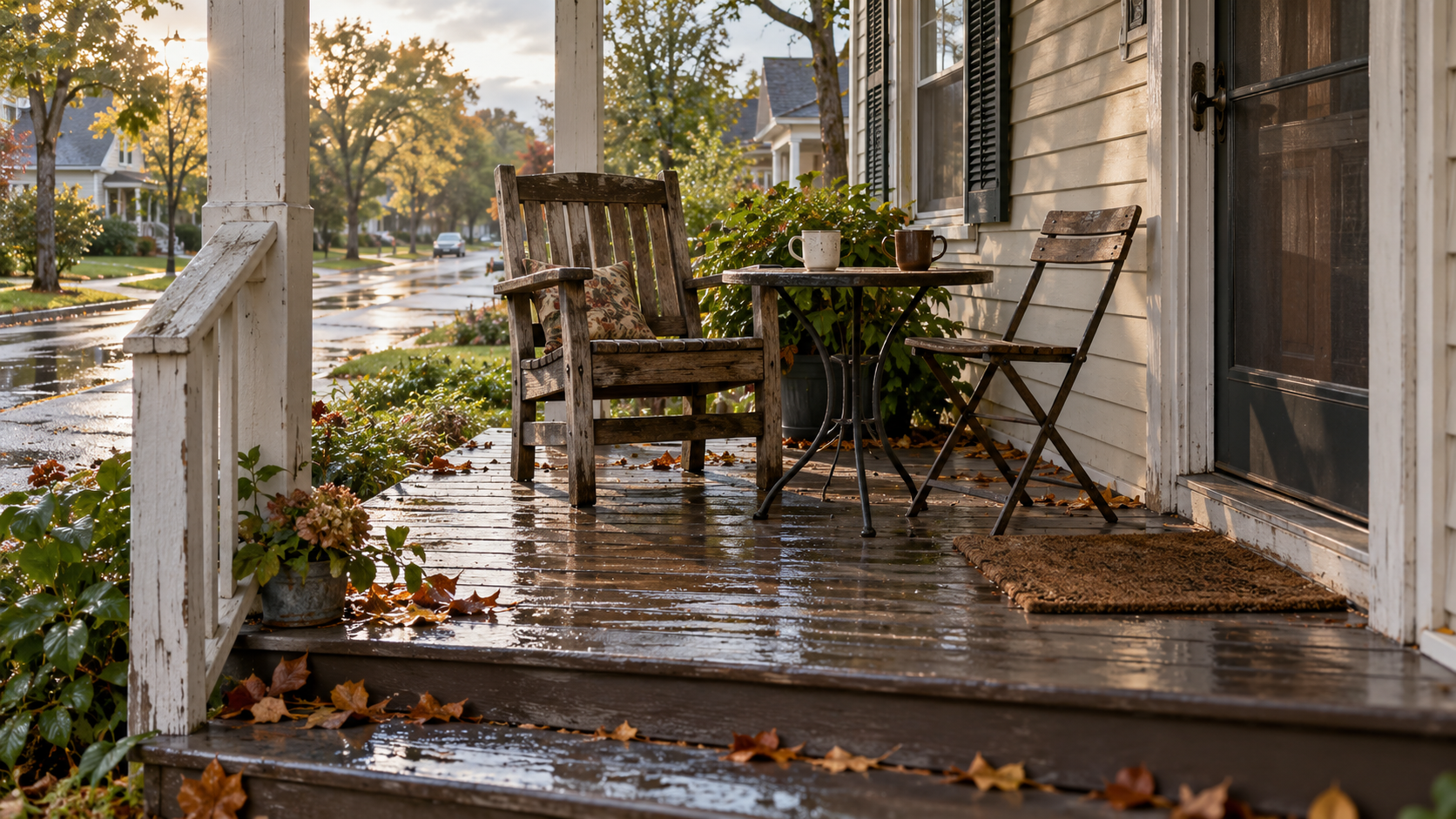 A weathered wooden armchair and a folding chair sit beside two coffee mugs on a small porch table, with wet autumn leaves and a quiet neighborhood beyond the steps.
