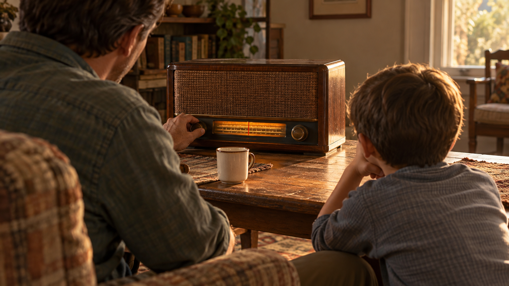 A father and young boy listen to an old walnut radio with an amber tuning dial in afternoon light, with a coffee cup on the table and their faces turned away.