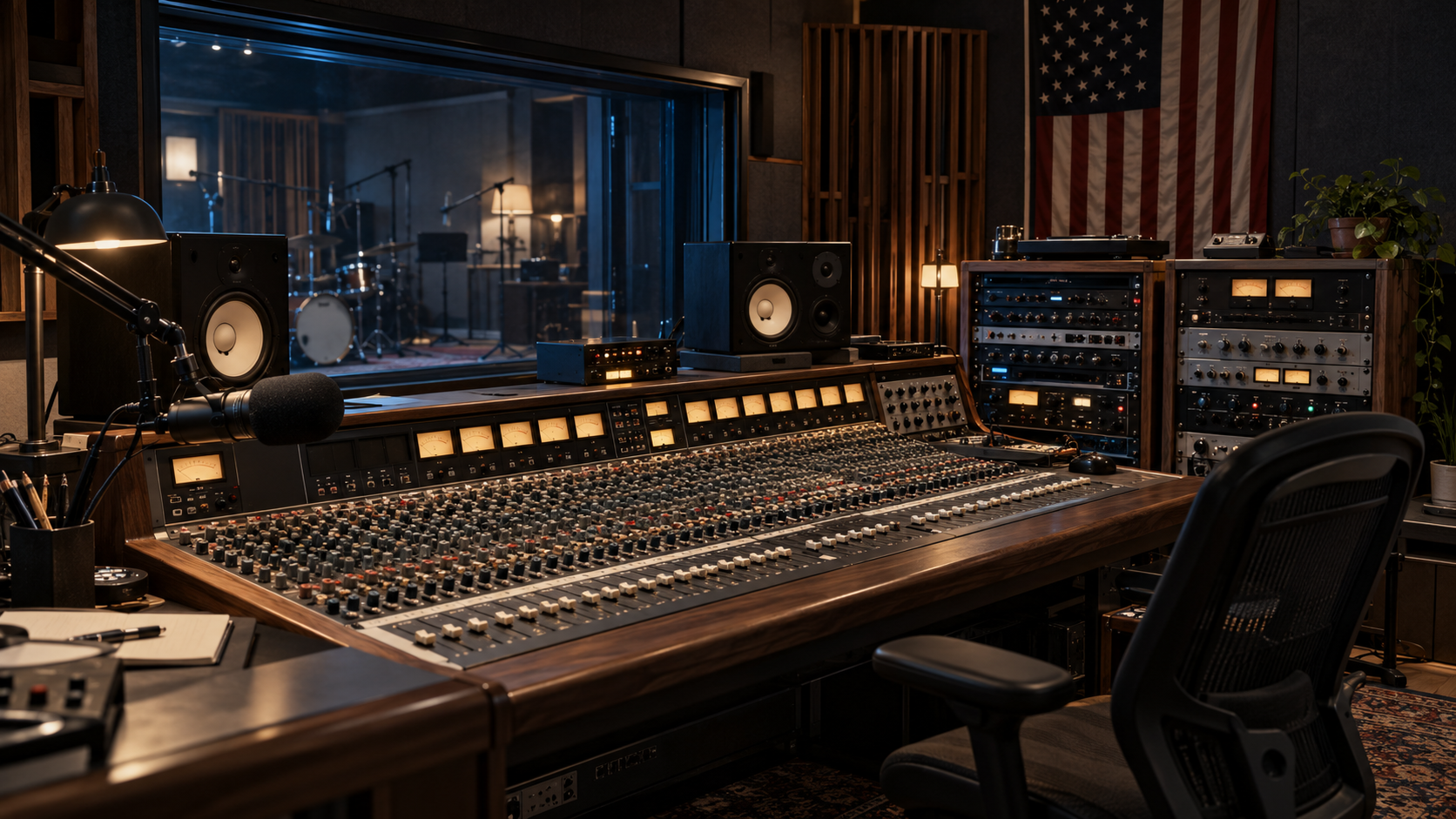 An imagined recording studio: an analog console, a broadcast microphone, warm lamps, and an American flag beside a blue-lit booth.